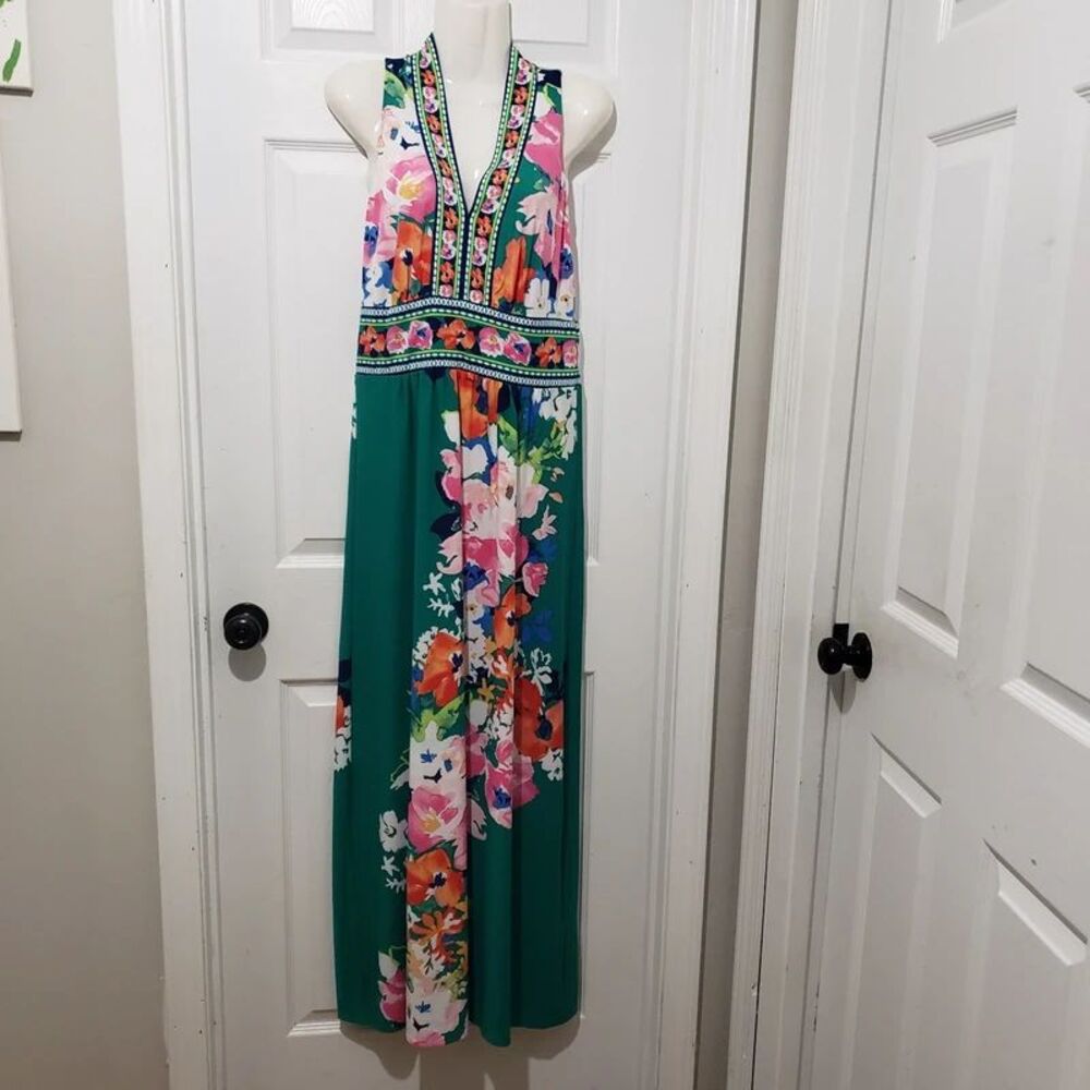 London Times | Floral Halter Maxi Dress in Teal and Multicolor | 10